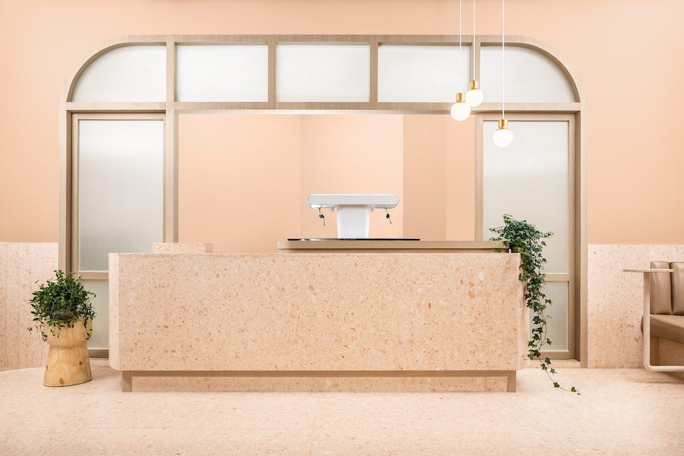 The pale pink terrazzo service counter
